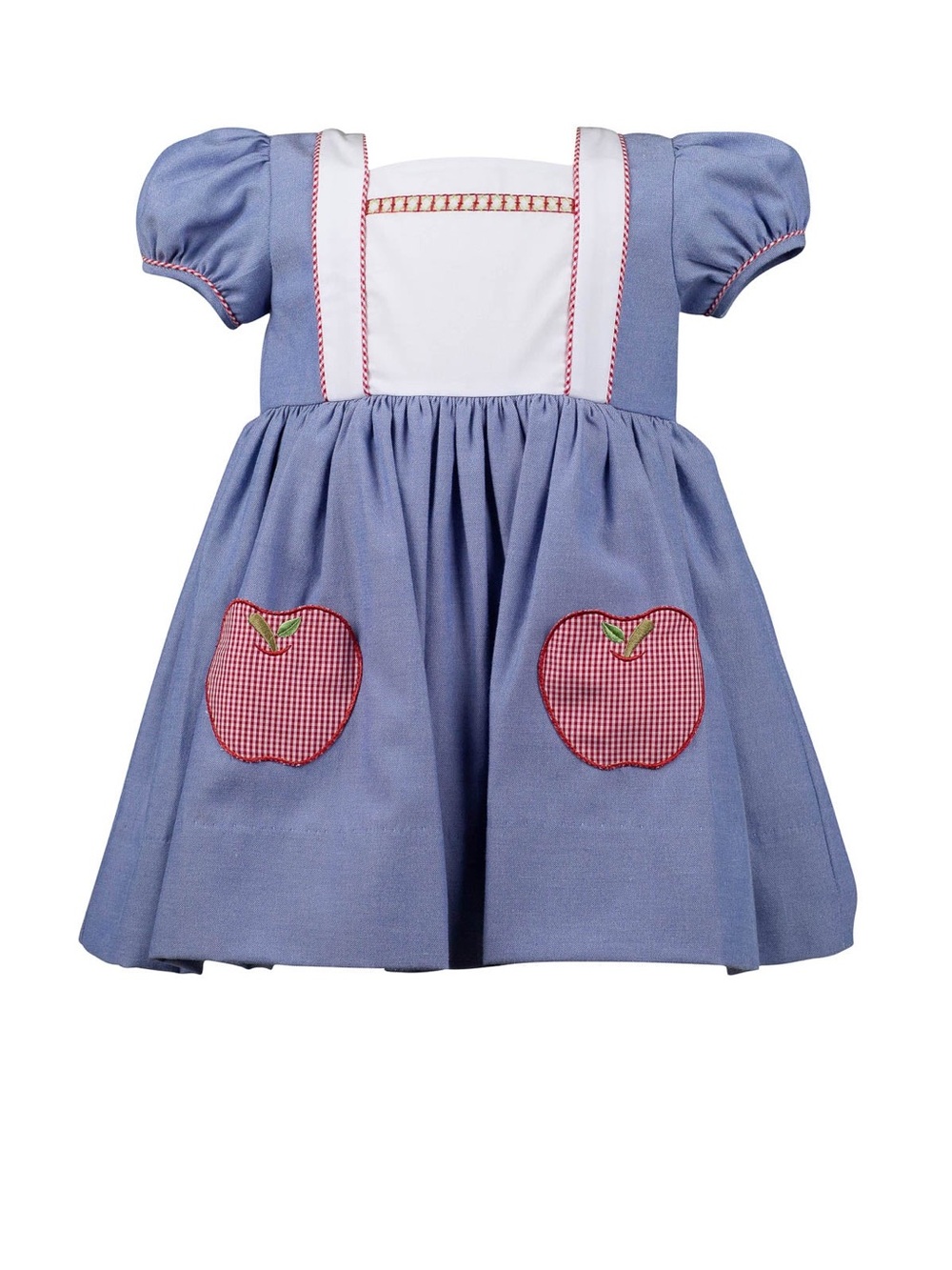 Blue Puff-Sleeve Girls Dress with Apple Pocket Accents